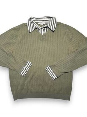 Alia Petites Sage Green Ribbed V-Neck Sweater w/ Sewn-In Striped Collar Medium